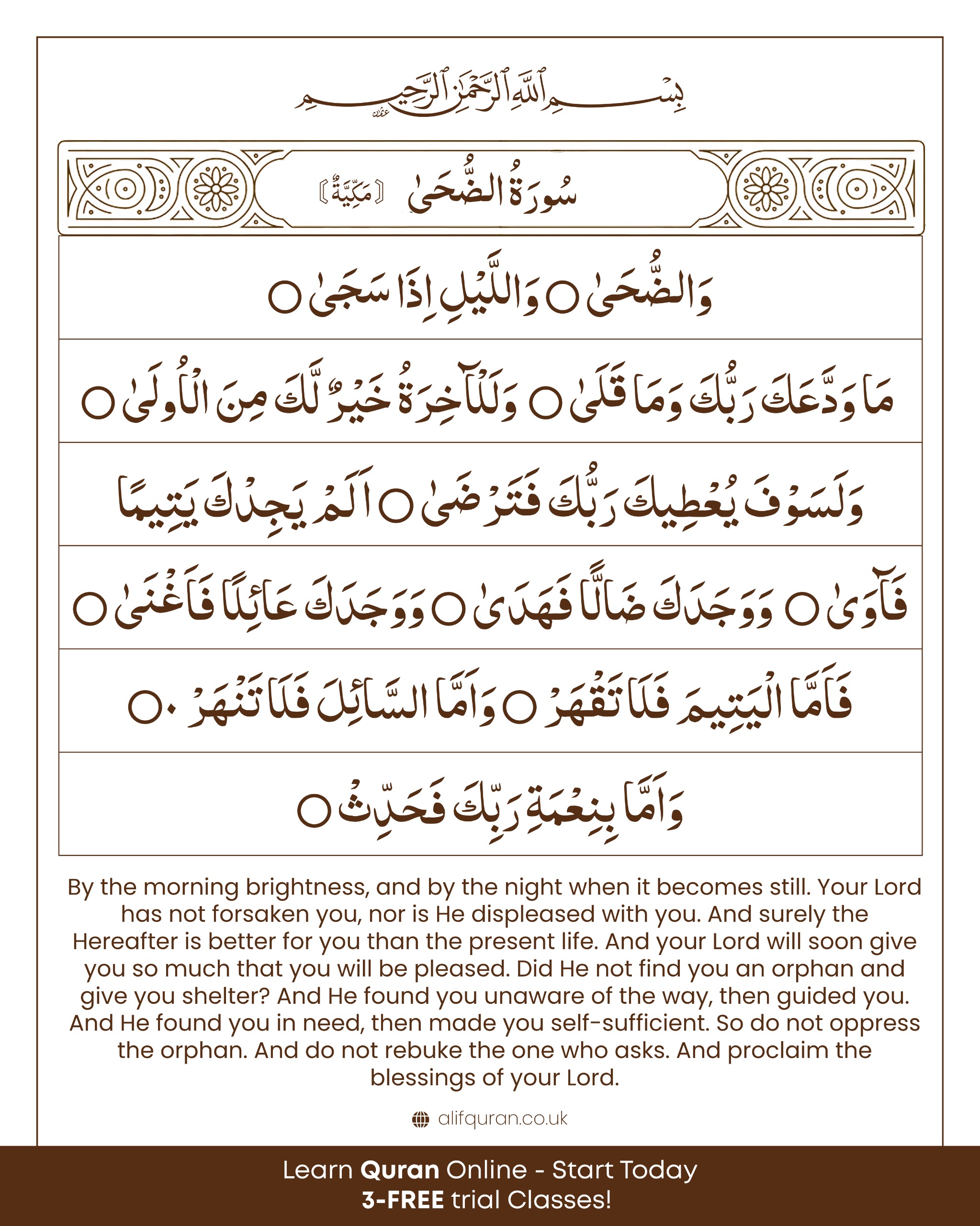 Surah Ad-Duha Arabic text with transliteration and English meaning
