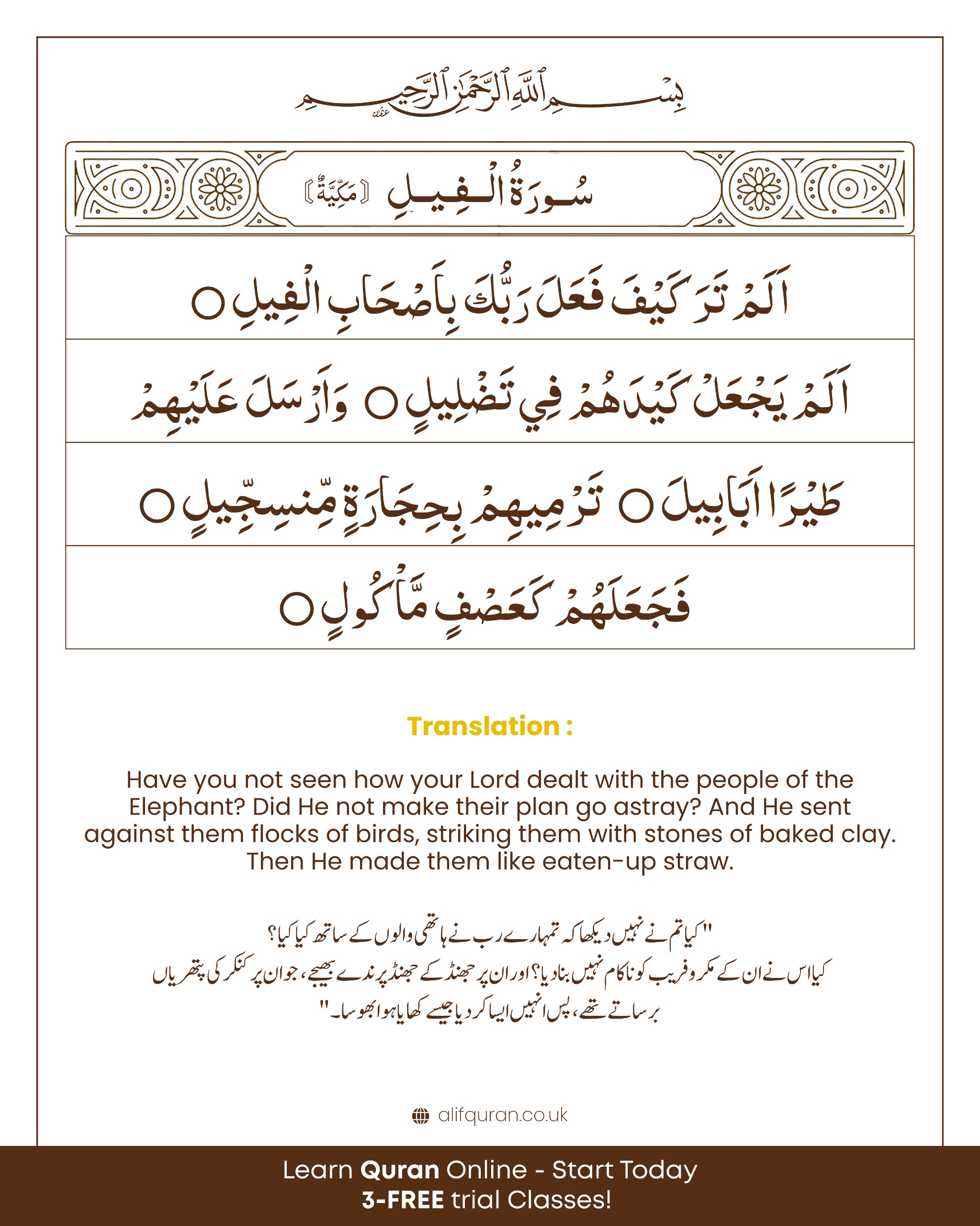 Surah Al-Fil Arabic text with transliteration and English meaning