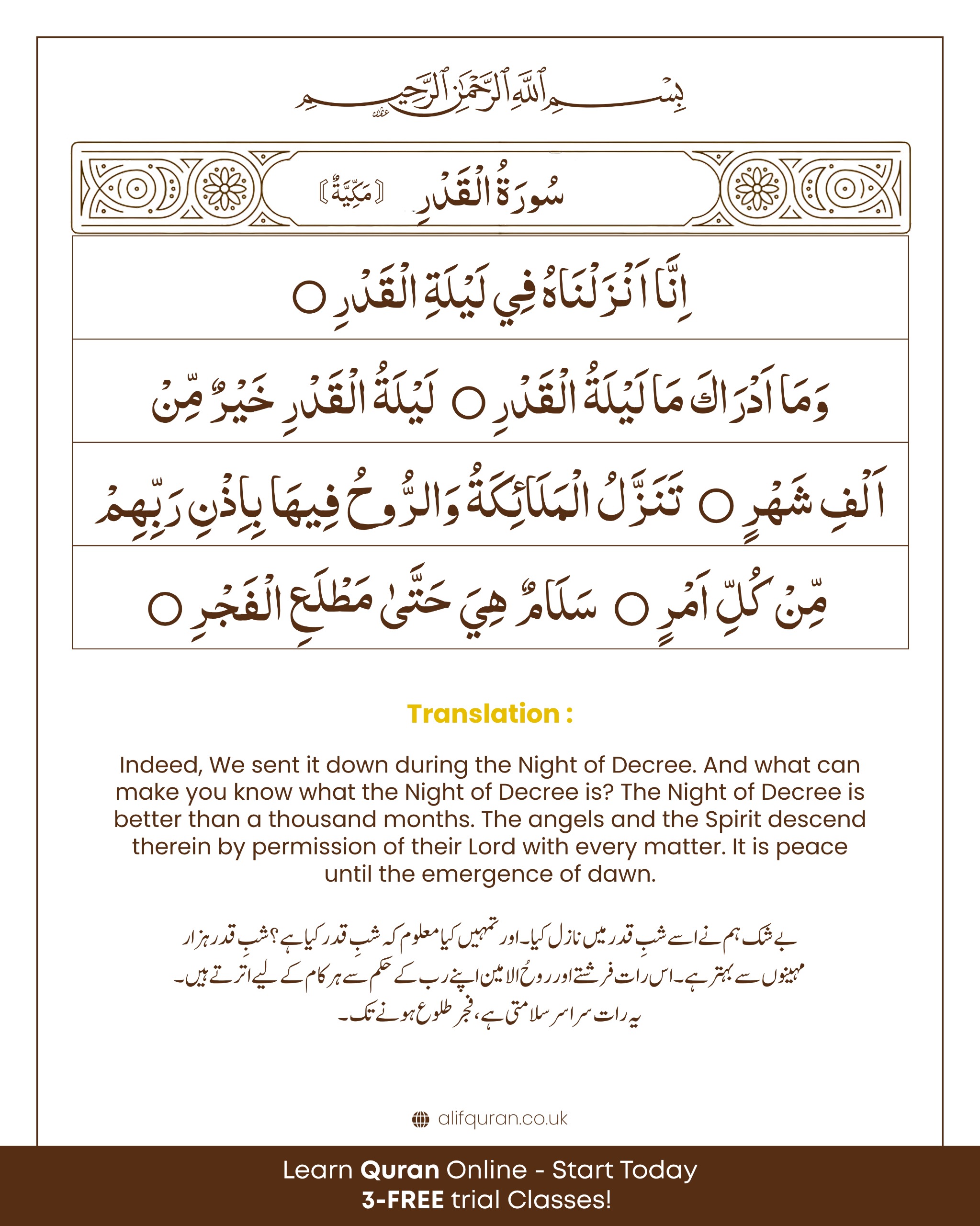Surah Al-Qadr Arabic text with transliteration and English meaning